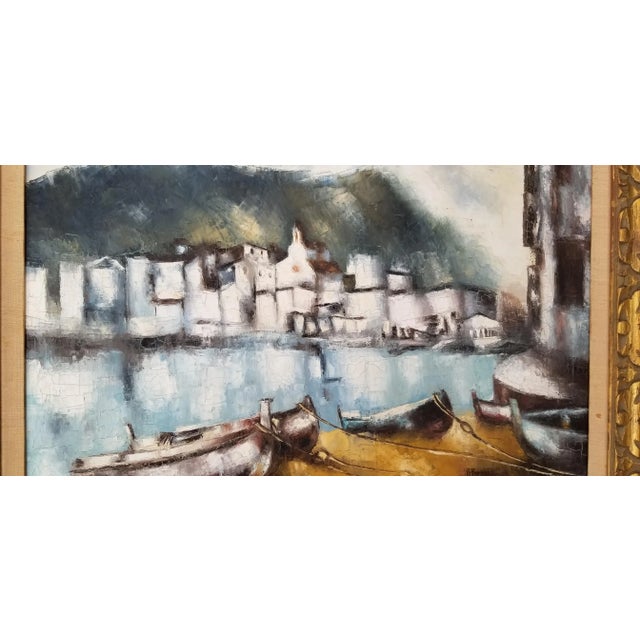 1970s Italian Boats Landscape Oil on Canvas Painting, Signed For Sale - Image 4 of 11