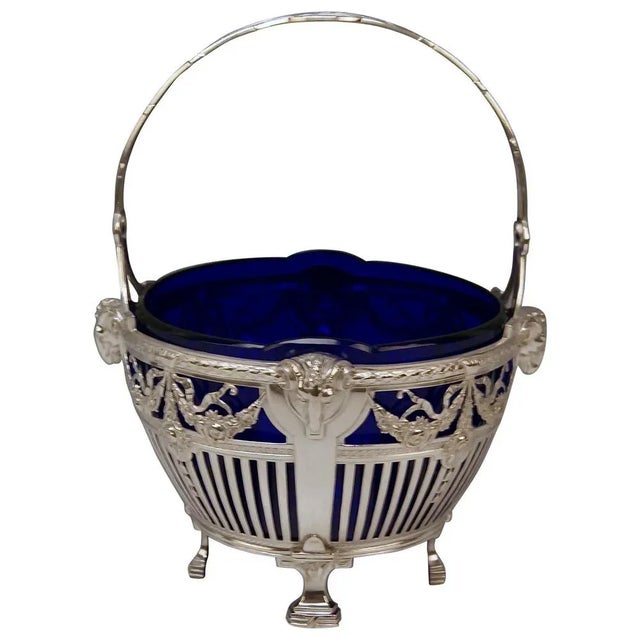 Art Nouveau Silver Basket with Blue Glass Liner, Bremen, Germany, 1890s For Sale - Image 9 of 9