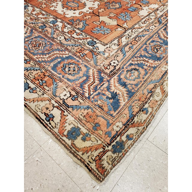 Antique Persian Serapi Carpet, Handmade Wool Oriental Rug Ivory, Rust Light Blue For Sale - Image 13 of 18