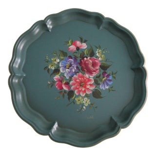 Vintage Hand Tole Painted Floral Scalloped Metal Tray Green Nashco 1960's For Sale