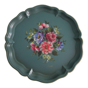 Vintage Hand Tole Painted Floral Scalloped Metal Tray Green Nashco 1960's