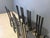 Italian metal postmodern dining chairs with black metal frames and black leather seats. Normal age related wear, we can...