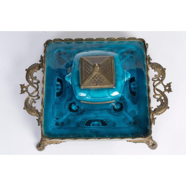 Gilded Bronze and Turquoise Enameled Earthenware Inkstand by Theodore Deck For Sale - Image 3 of 10