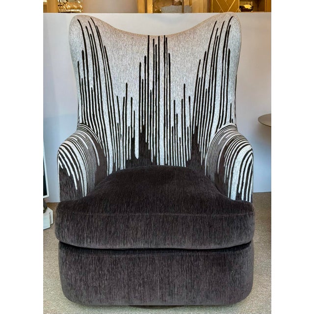 Original retail $7590, stylish Revelation Abstract Modern Chocolate Brown and Gray Hot Wing Wingback Swivel Chairs Pair,...