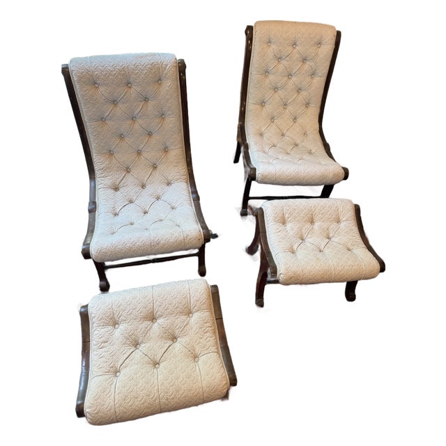 Pair of Mid-Century Japanese Obi/Slipper Chairs & Ottomans – Showa Era For Sale
