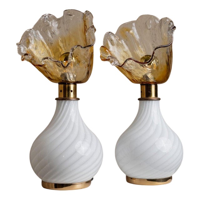 Vintage Swirl Murano Glass and Brass Table Lamps with Flower Shades, Italy, 1970s, Set of 2 For Sale