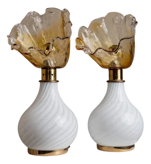 Vintage Swirl Murano Glass and Brass Table Lamps with Flower Shades, Italy, 1970s, Set of 2