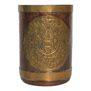 Vintage Mexican Art Hammered Copper & Brass Mayan / Aztec Calendar Mug. For Sale