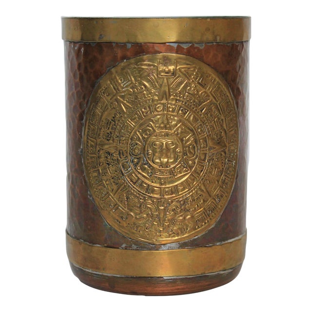 Vintage Mexican Art Hammered Copper & Brass Mayan / Aztec Calendar Mug. For Sale