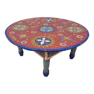 1980s Vintage Morocco Hand Painted Wooden Low Coffee Table For Sale