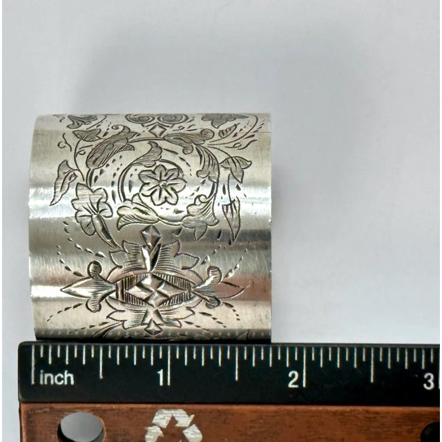 Oversize Beautifully Hand Engraved Antique American Victorian Sterling Silver Napkin Ring - Circa 1870s For Sale - Image 11 of 12