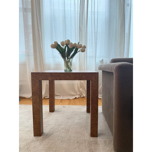 Chestnut 1930s Parsons Burlwood Side Table For Sale - Image 8 of 10