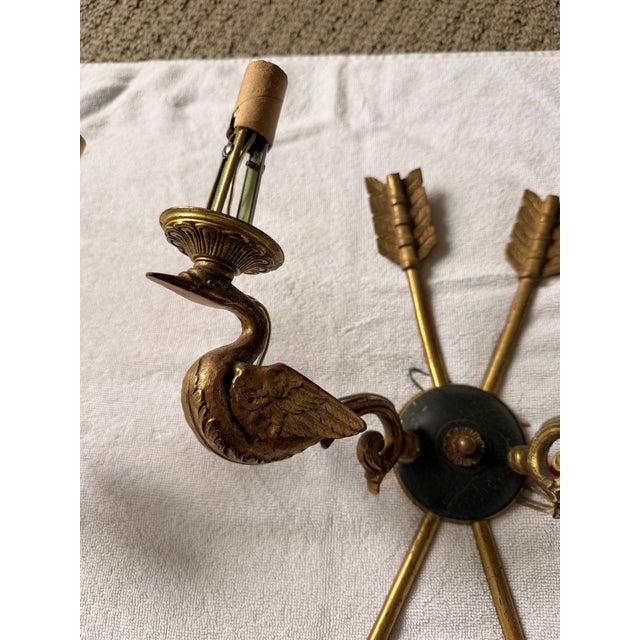 Pair of Vintage French Empire Revival Brass and Enamel Swan Sconces For Sale In Los Angeles - Image 6 of 8