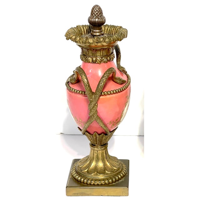 Pair French Louis XVI Style Sèvres Rose Pompadour Ormolu-Mounted Cabinet Vases For Sale - Image 10 of 17