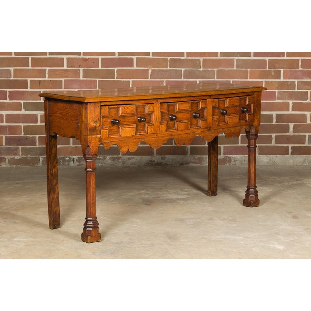 English Oak 19th Century Geometric Front Dresser Base with Three Drawers For Sale - Image 4 of 12
