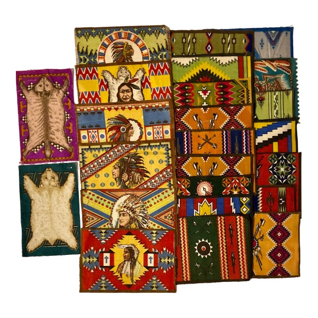 24 Antique Tabacco Felts (Flannel) American Indian Chiefs, Rugs, Blankets, Animals Tabacciana C 1910- 1915 Americana. Cigar History. Ready to Frame For Sale