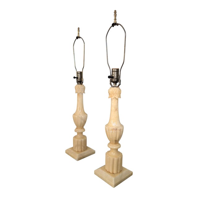 Vintage Alabaster Table Lamps Italian Neoclassical Style With Acanthus Carving - Pair For Sale - Image 4 of 14