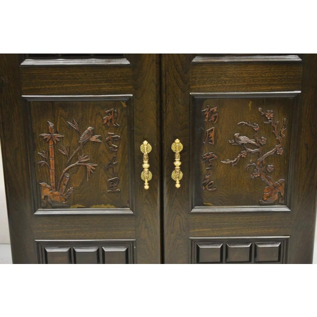 Late 20th Century Vintage Korean Carved Wood Marble Top Asian Chinese Liquor Cabinet Dry Bar For Sale - Image 5 of 12