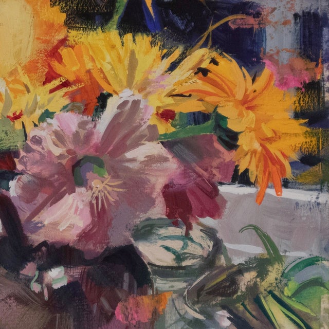 This artwork presents a vibrant bouquet arranged on a windowsill, capturing the lively colors and textures of the flowers....