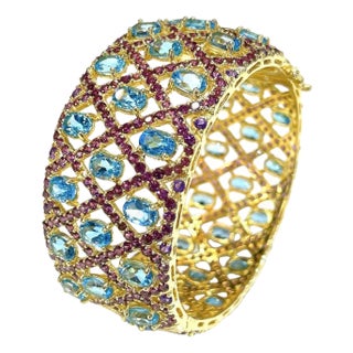 Bochic “Capri” Vintage Blue Topaz, Sapphire & Amethyst Cuff 18K Gold & Silver For Sale