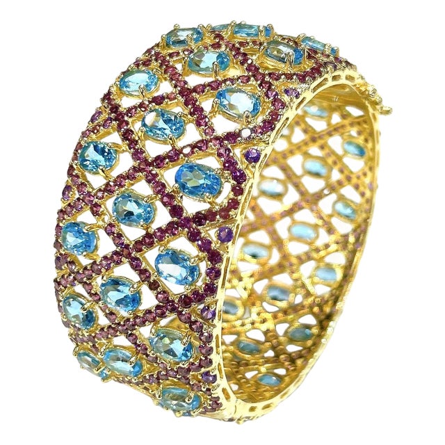 Bochic “Capri” Vintage Blue Topaz, Sapphire & Amethyst Cuff 18K Gold & Silver For Sale
