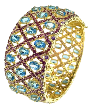 Bochic “Capri” Vintage Blue Topaz, Sapphire & Amethyst Cuff 18K Gold & Silver