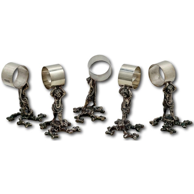 Silver Outstanding Orig. Set of 5 Large Antique Victorian Sheffield England Silverplate Figurative Putti Napkin Rings Circa 1900 For Sale - Image 8 of 18