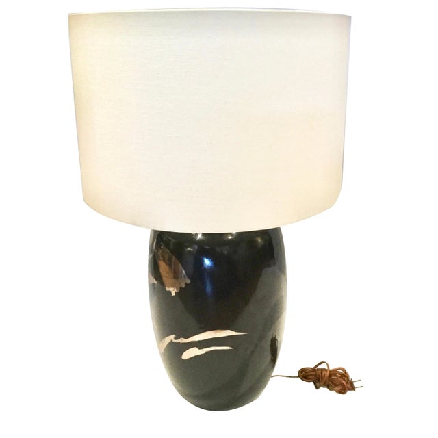 Modern Vintage Black Ceramic Lamp With Hand-Painted Silver Detail For Sale - Image 3 of 6