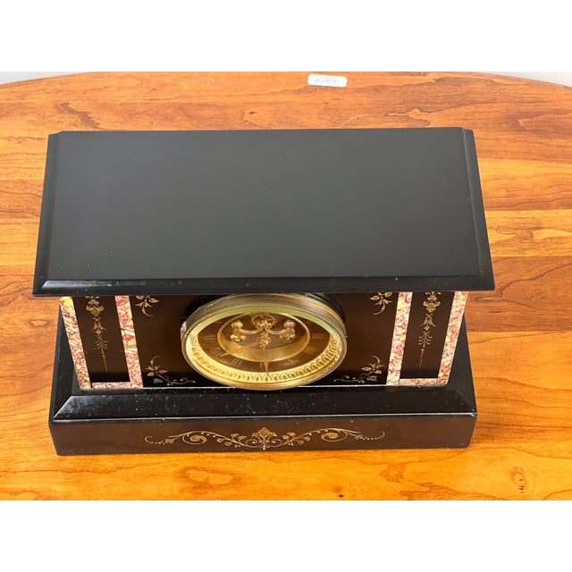 Antique Victorian Slate Mantle Clock With Open Escapement 8 Day Time and Strike C. Late 19th Century For Sale - Image 4 of 8