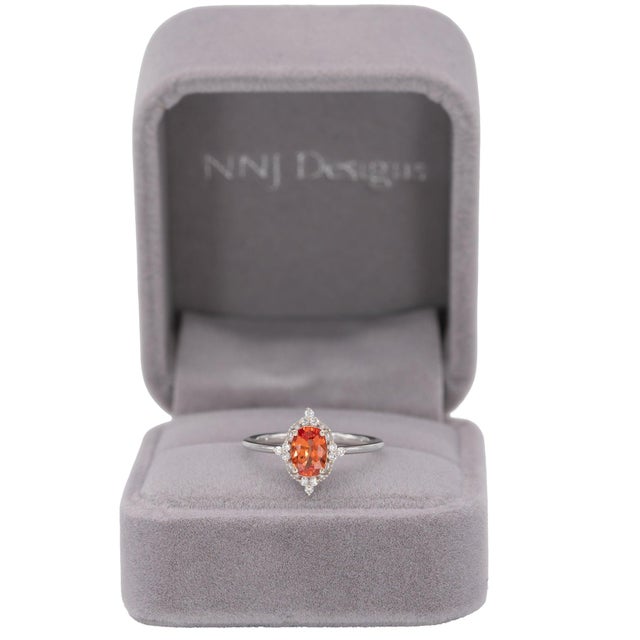 Modern Padparadscha Sapphire Halo Ring With Natural Diamond Accents in Solid 14k Gold, Size 6.75 For Sale - Image 3 of 10
