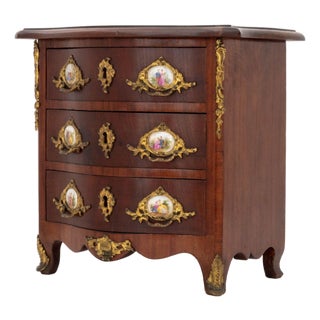 Louis XVI Style Porcelain and Gilt Metal Mounted Mahogany Diminutive Commode For Sale