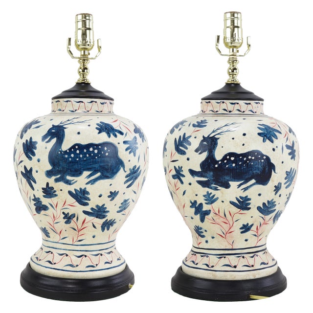 Cream Pair of Vintage Brunschwig & Fils Cadiz Table Lamps - Blue and Cream Ceramic With Boar and Deer Motif For Sale - Image 8 of 17