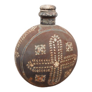 Ext. LRG Antique African Handpainted Moon Flask 26" For Sale