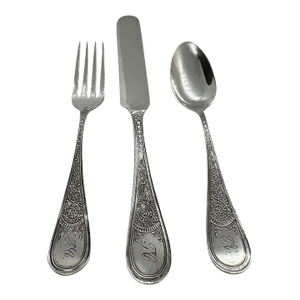 Late 19th Century Child’s Sterling Silver Place Setting With Scrollwork Decoration- 3 Pieces