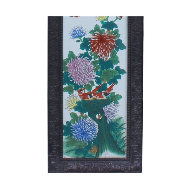 1970s Vintage Chinese Wood Frame Porcelain Flower Birds Wall Plaque Panel For Sale - Image 5 of 7