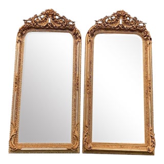 Late20C French Artisan Louis XVI Gold Wood Floor Mirror-Pair For Sale