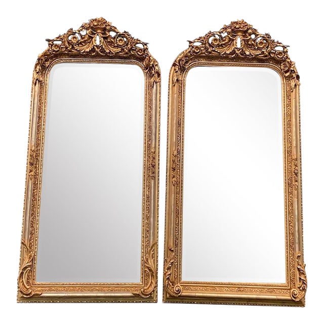 Late20C French Artisan Louis XVI Gold Wood Floor Mirror-Pair For Sale