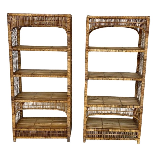 1970s Coastal Rattan Wrapped Etagere, A Pair For Sale
