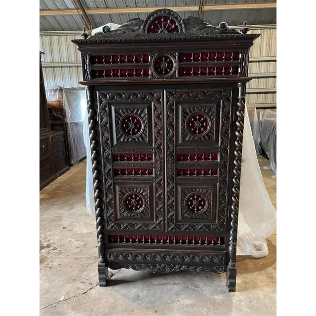 Absolutely 1800's Antique Breton, French, Carved, Shelves, Red Interior, Bookcase! Gorgeous Antique Bookcase, Breton,...