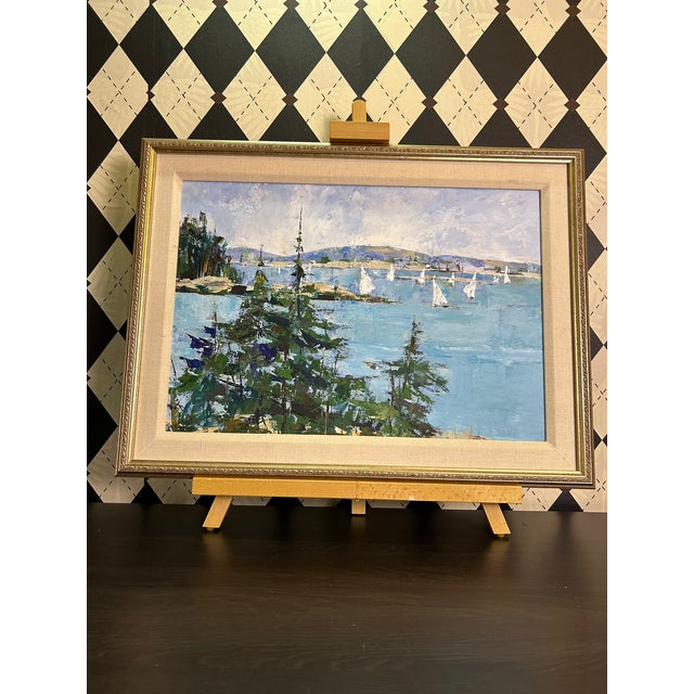 Impressionist Coastal Harbor Oil Painting With Sailboats, Framed 24" Signed Eileen Kelly For Sale - Image 14 of 15