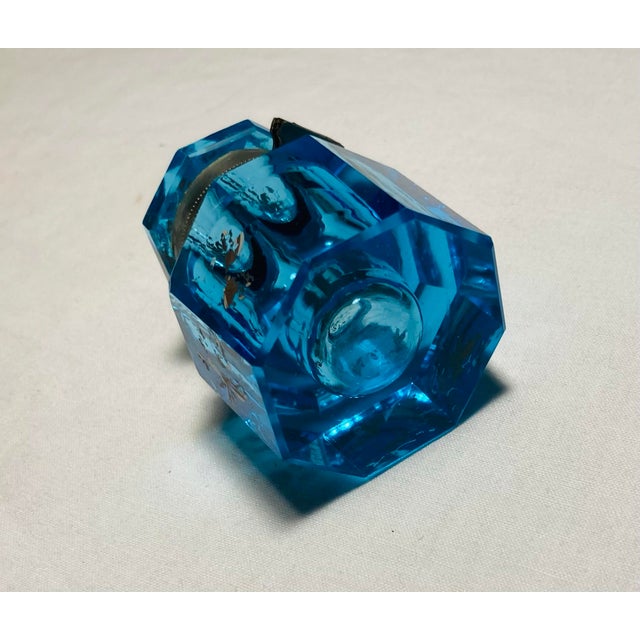 Glass Antique Blue Faceted Crystal Artdeco Inkwell or Fragrance Holder Enamel Painted Flowers For Sale - Image 7 of 10