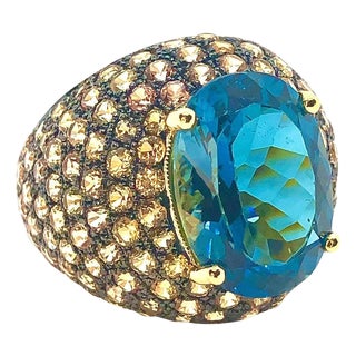 Bochic "Orient" Vintage Natural Yellow Sapphire & Blue Topaz Ring Set 18K Gold & Silver For Sale