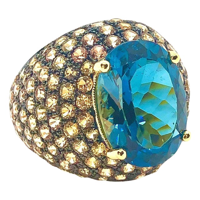 Bochic "Orient" Vintage Natural Yellow Sapphire & Blue Topaz Ring Set 18K Gold & Silver For Sale