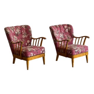Vintage Swedish Modern Floral Armchairs - Pair For Sale