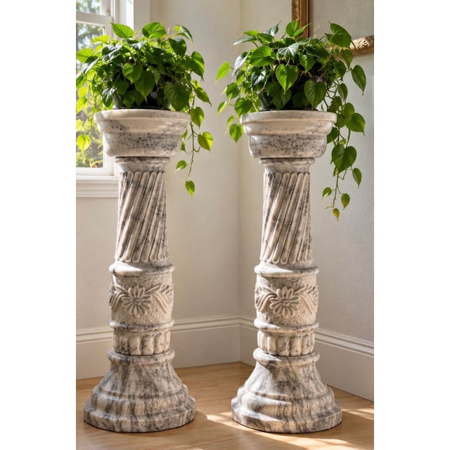 Pair of Vintage Neoclassical Carved Marble Pedestals With Spiral Columns For Sale - Image 4 of 12