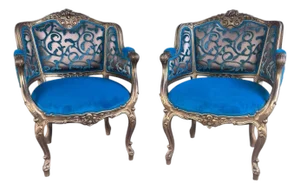 Antique French Louis XV Style Carved & Painted Bergere Gilt Chairs Newly Reupholstered in Patterned Teal Velvet - Pair