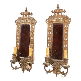 19th Century Bronze Neoclassical Bradley & Hubbard Gilt Mirrored Candle Wall Scones - a Pair For Sale