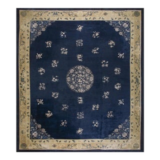 1900s Navy Blue Solid Floral Deco Antique Chinese Peking Knotted Room Size Rug For Sale