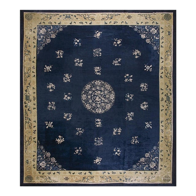 1900s Navy Blue Solid Floral Deco Antique Chinese Peking Knotted Room Size Rug For Sale