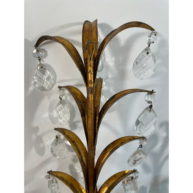 Vintage Mid Century 19" Italian Gilded Tole and Crystals Candle Sconces - A Pair For Sale - Image 10 of 18